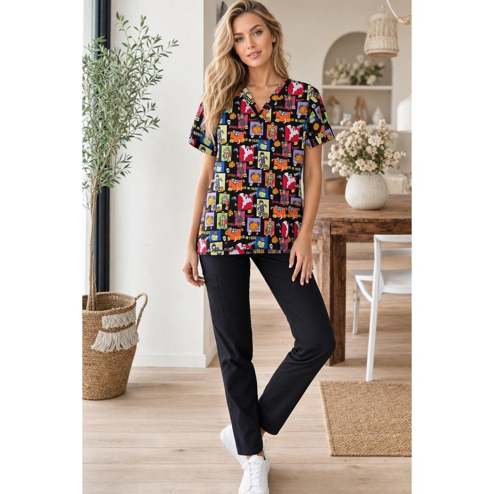 Scrub Wear Halloween Scrub Top Women's XL Black Cotton Spooky Trick Or Treat